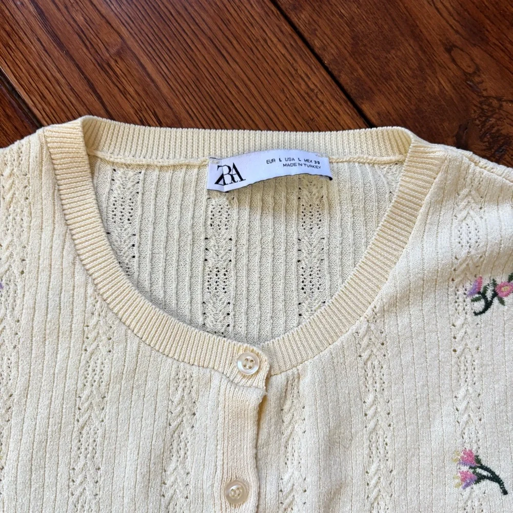 Zara Floral Embroidered Pointelle Knit Cardigan in Butter Yellow - Picture 8 of 10